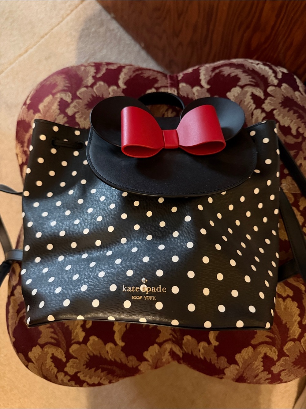 kate spade Black and White Polka Dot Backpack with Red Bow Accent